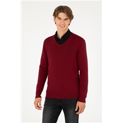 Erkek Slim Fit V Yaka Bordo Basic Kazak