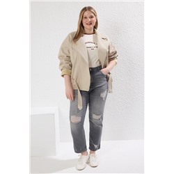 Trendyol Curve Bej Düşük Kol Oversize Büyük Beden Ceket Mont TBBSS25AW00003