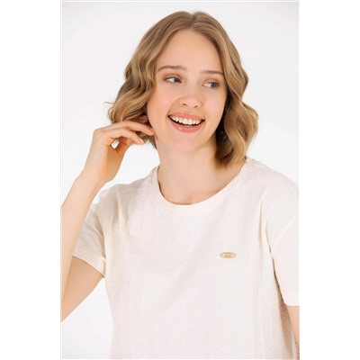 Kadın Krem Bisiklet Yaka Tişört