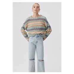 Mavi Jakarlı Çok Renkli Triko Loose Fit / Bol Rahat Kesim 1710154-70444