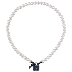 Колье (Майорка белая 8мм, фианит синий; покрытие черный родий) 45см, Есть комплект