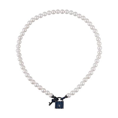 Колье (Майорка белая 8мм, фианит синий; покрытие черный родий) 45см, Есть комплект