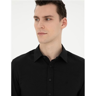 Siyah Slim Fit Armürlü Uzun Kollu Gömlek