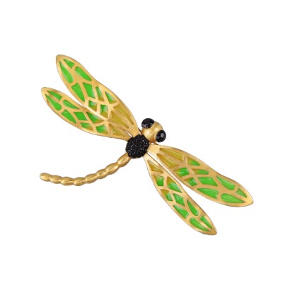 Брошь Стрекоза 8см (эмаль зеленая, желтая; покрытие матовое золото), Есть комплект