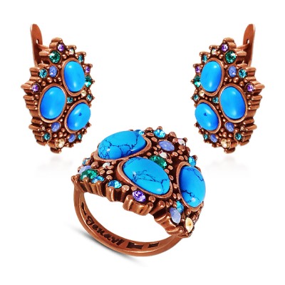 Комплект (бирюза, кристаллы микс; покрытие медь)