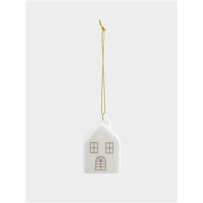 Игрушка елочная, 6 см, фарфор P, бело-золотистая, Дом, New year