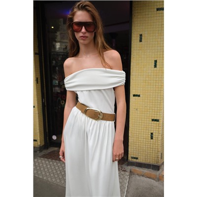 OFF-THE-SHOULDER CONTRAST MIDI DRESS WITH BELT