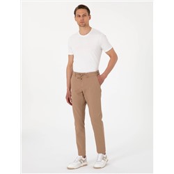 Kahverengi Slim Fit Keten Karışımlı Beli Lastikli Kanvas Pantolon