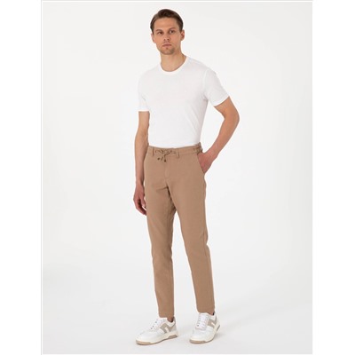 Kahverengi Slim Fit Keten Karışımlı Beli Lastikli Kanvas Pantolon