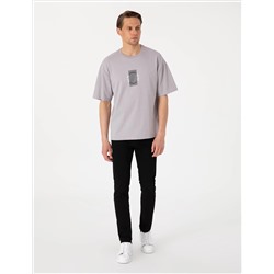 Gri Comfort Fit Bisiklet Yaka Tişört