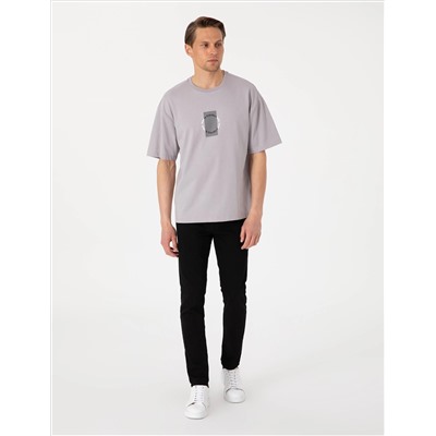 Gri Comfort Fit Bisiklet Yaka Tişört