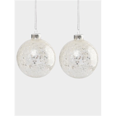 Игрушка елочная, 8 см, 2 шт, стекло/пайетки, серебристая, Шар с узором, New year