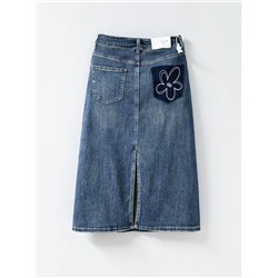 2023 эластичная джинсовая юбка с высокой талией и разрезом сзади, женская свободная тонкая юбка средней длины с вышивкой на бедрах