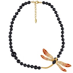 Колье Стрекоза (эмаль красная, розовая, агат; матовое золото) 72см, Есть комплект