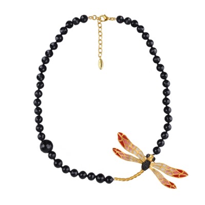 Колье Стрекоза (эмаль красная, розовая, агат; матовое золото) 72см, Есть комплект