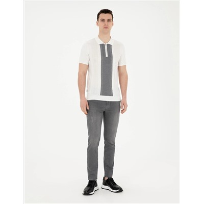 Beyaz Slim Fit Fermuarlı Polo Yaka Triko Tişört