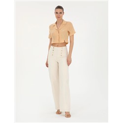 Bej Keten Karışımlı Slim Fit Crop Gömlek