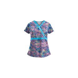 UA Spring Ditzy Turquoise Mock Wrap Scrub Top