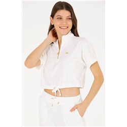 Kadın Ekru V-Yaka Crop Tişört