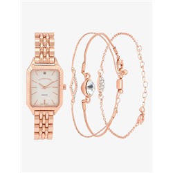 LADIES ROSE GOLD SQUARE WATCH AND BRACELETS SET