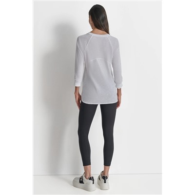 RUCHED 3/4-SLEEVE SLUB WAFFLE-KNIT TEE