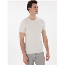 Ekru Slim Fit Bisiklet Yaka Triko Tişört