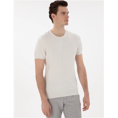 Ekru Slim Fit Bisiklet Yaka Triko Tişört