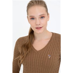 Kadın Kahverengi Basic V - Yaka Kazak