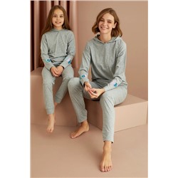 Siyah İnci Gri Pamuklu Likralı Kapişonlu Pijama Takım 22263332