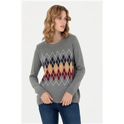 Kadın Gri Melanj Bisiklet Yaka Kazak