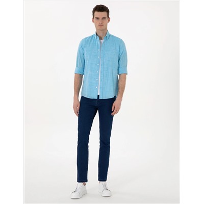 Aqua Keten Görünümlü Slim Fit Uzun Kollu Gömlek