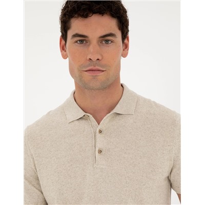 Bej Slim Fit Düğmeli Polo Yaka Keten Karışımlı Triko Tişört