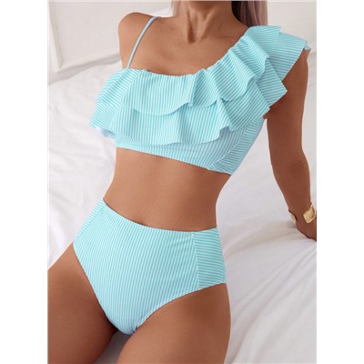 Swim Basics Women's Stripe Ruffled Trim Bikini Set For Summer Beach Vacation Holiday