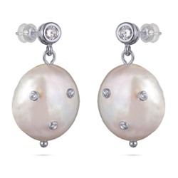 Серьги (жемчуг белый 20мм, белый фианит; покрытие родий), Есть комплект