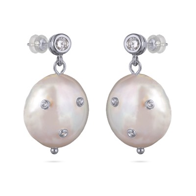 Серьги (жемчуг белый 20мм, белый фианит; покрытие родий), Есть комплект