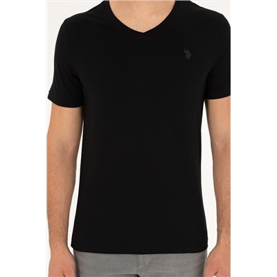 Erkek Slim Fit V Yaka Siyah Basic Tişört