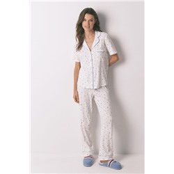 Pijama camisero algodón flores blanco