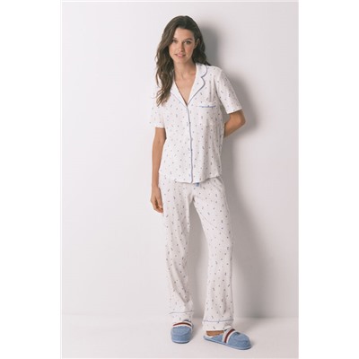 Pijama camisero algodón flores blanco