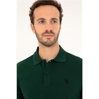 Erkek Slim Fit Polo Yaka Koyu Yeşil Basic Tişört