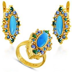 Комплект (бирюза, кристаллы микс; покрытие золото)