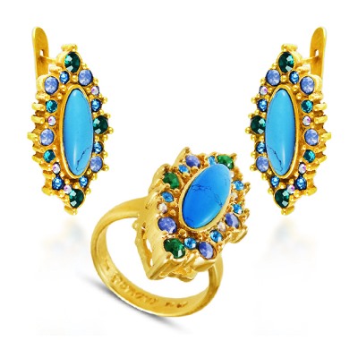 Комплект (бирюза, кристаллы микс; покрытие золото)