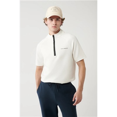 Avva, Erkek Ekru Dik Yaka Yarım Fermuarlı Baskılı T-shirt A41y1312