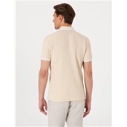Bej Slim Fit Örme Dokulu Polo Yaka Tişört