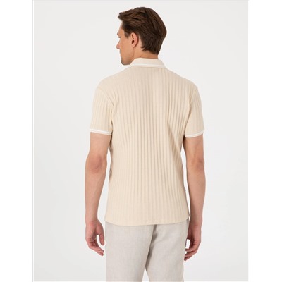 Bej Slim Fit Örme Dokulu Polo Yaka Tişört