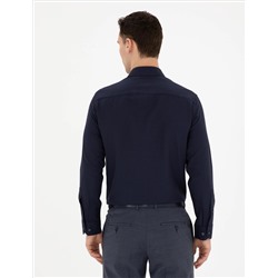 Lacivert Slim Fit Armürlü Uzun Kollu Gömlek