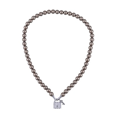 Колье (Майорка темно-серая 8мм, белый фианит; покрытие родий) 45см, Есть комплект