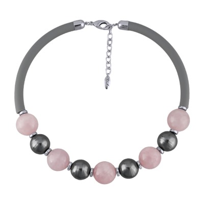 Колье Терра (Майорка 18мм темно-серая, кварц, каучук; покрытие родий) 45-50см, Есть комплект