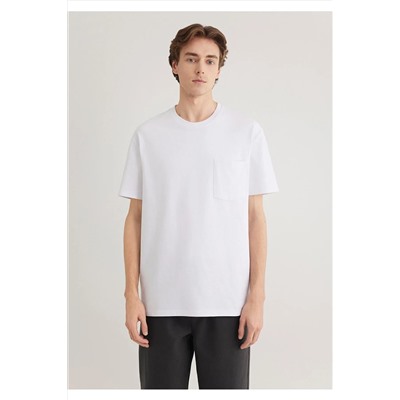 Mavi Cep Detaylı Beyaz Basic Tişört Loose Fit / Bol Rahat Kesim 066248-620