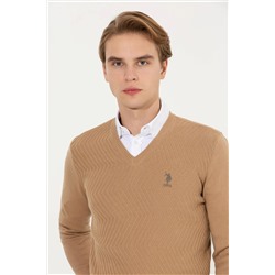 Erkek Camel Melanj V - Yaka Triko Kazak