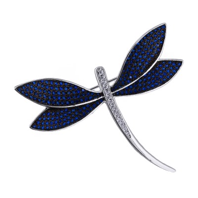 Брошь Стрекоза (фианит синий; покрытие родий), Есть комплект